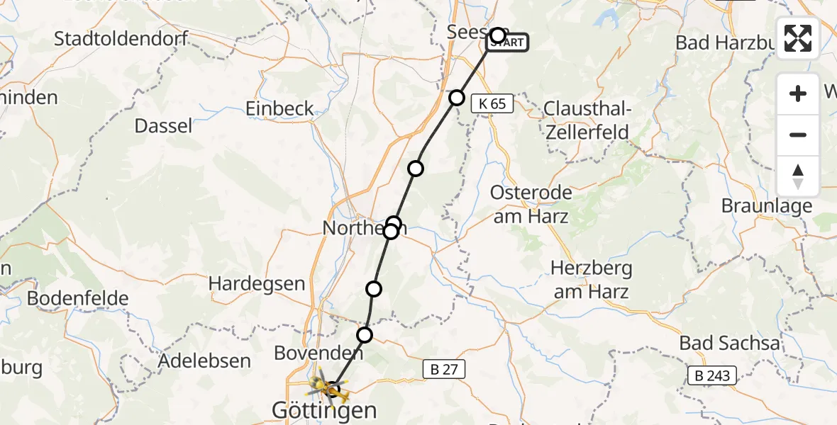 Flugroute Rettungshubschrauber Harz (Landkreis Goslar) - Göttingen University Clinic Hubschrauberlandeplatz, 17 Juli 2026, 16:50