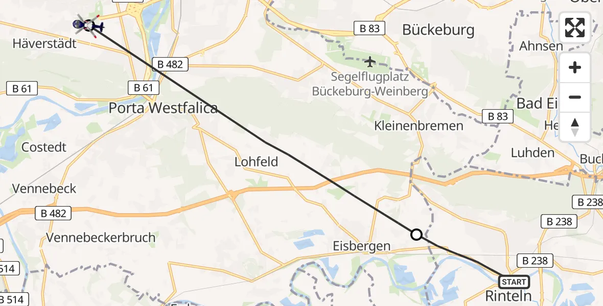 Flugroute Polizeihubschrauber Rinteln - Minden, 17 Juli 2026, 16:57