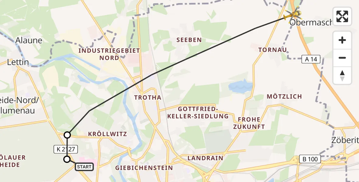 Flugroute Rettungshubschrauber Halle (Saale) University Hospital - Landsberg, 17 Juli 2026, 16:58