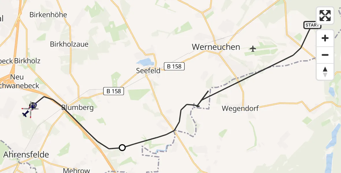 Flugroute Polizeihubschrauber Werneuchen - Ahrensfelde Hubschrauberlandeplatz, 17 Juli 2026, 16:59