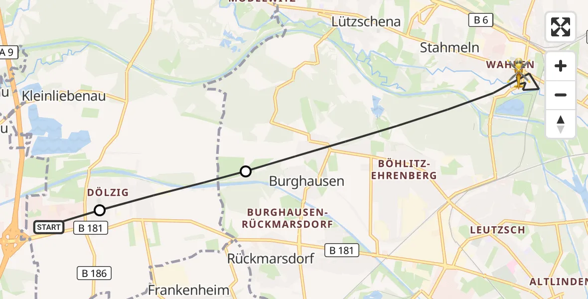 Flugroute Rettungshubschrauber ADAC Air Rescue Station Leipzig/Schkeuditz-Dölzig Hubschrauberlandeplatz (Christoph 61) - Leipzig, 17 Juli 2026, 17:08