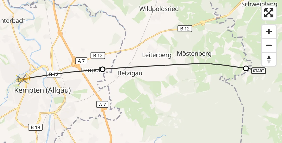 Flugroute Rettungshubschrauber Kraftisried - Kempten (Allgäu), 17 Juli 2026, 17:09