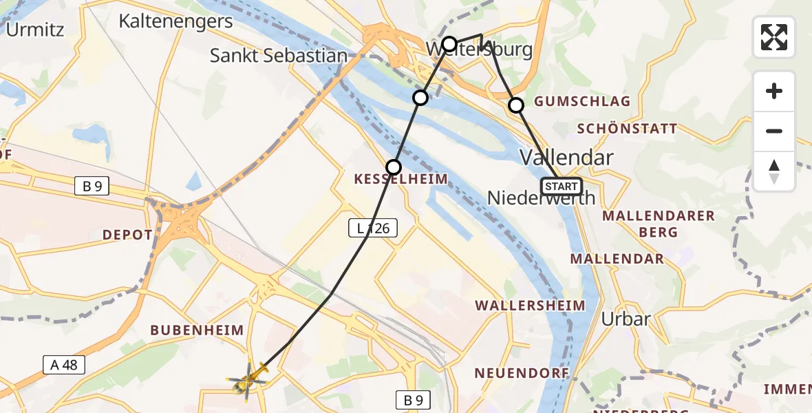 Flugroute Rettungshubschrauber Vallendar - Koblenz, 17 Juli 2026, 17:10