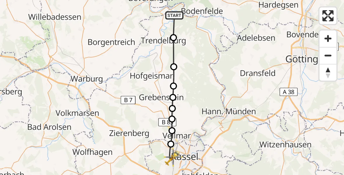 Flugroute Rettungshubschrauber Bad Karlshafen - Kassel, 17 Juli 2026, 17:17