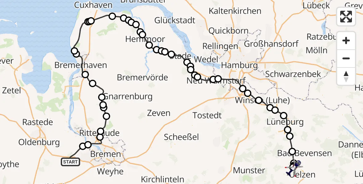 Flugroute Polizeihubschrauber Ganderkesee - Uelzen, 17 Juli 2026, 17:21