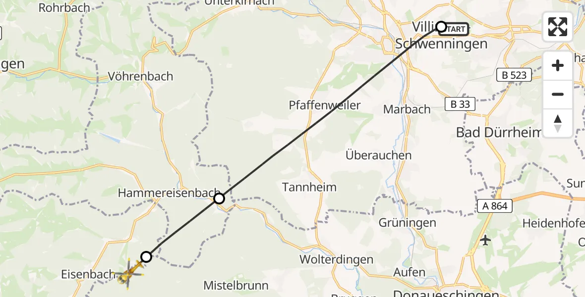 Flugroute Ambulanzhubschrauber DRF Air Rescue Station Villingen-Schwenningen Hubschrauberlandeplatz (Christoph 11) - Bräunlingen, 17 Juli 2026, 17:23