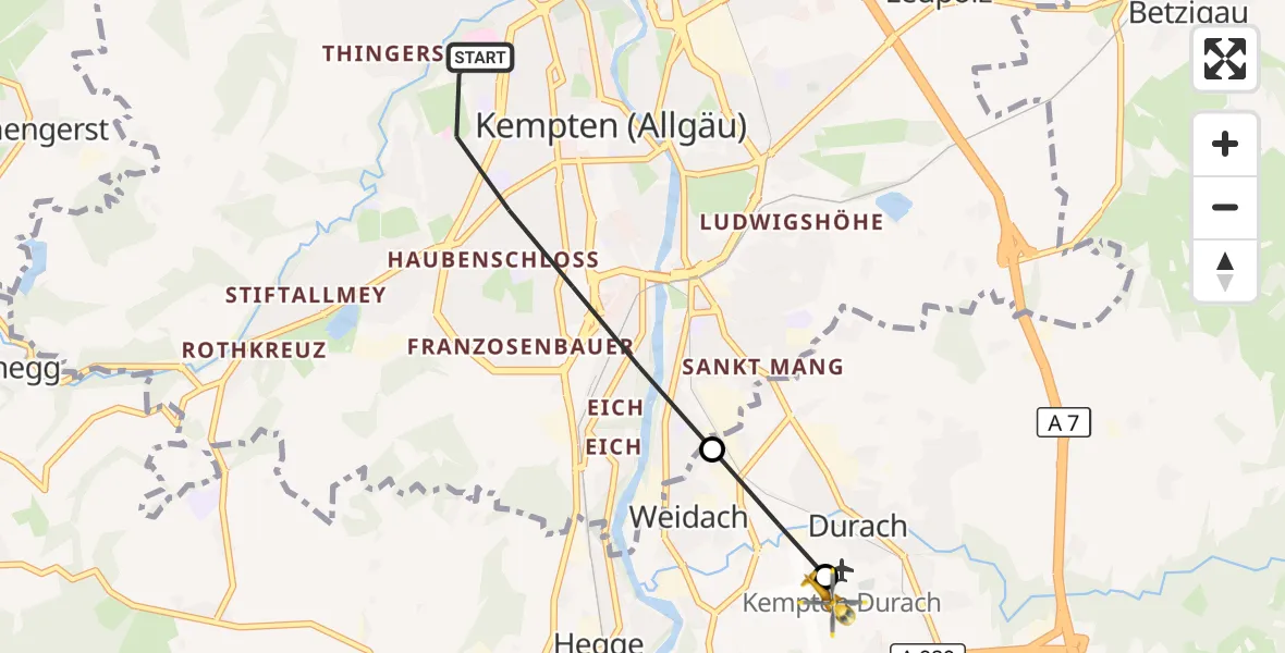 Flugroute Rettungshubschrauber Kempten (Allgäu) - Kempten-Durach Flugplatz, 17 Juli 2026, 17:23