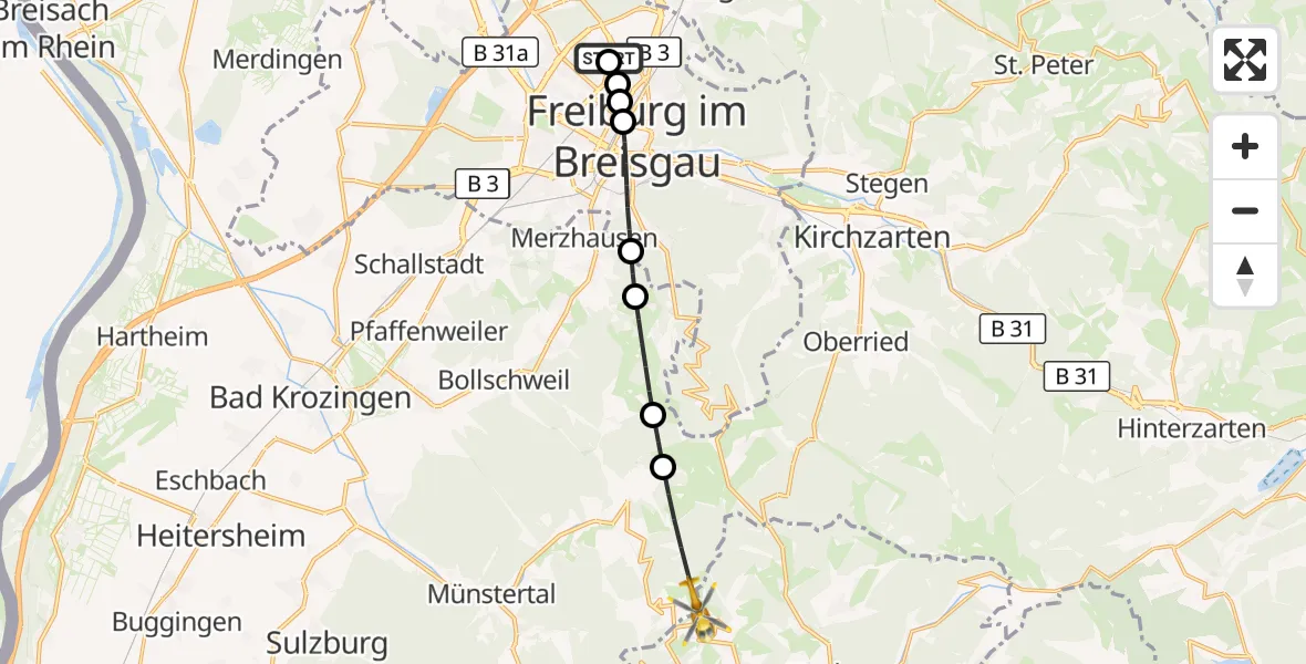 Flugroute Ambulanzhubschrauber Freiburg im Breisgau Flugplatz - Münstertal/Schwarzwald, 17 Juli 2026, 17:28