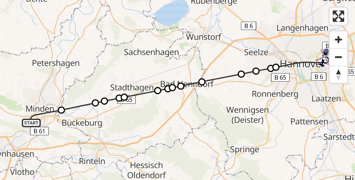 Flugroute Polizeihubschrauber Minden - Hannover Luftrettung Hubschrauberlandeplatz (Christoph 4), 17 Juli 2026, 17:31