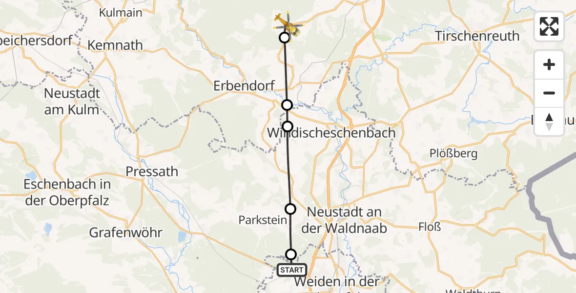 Flugroute Ambulanzhubschrauber Weiden i.d.OPf. - Friedenfels, 17 Juli 2026, 17:33