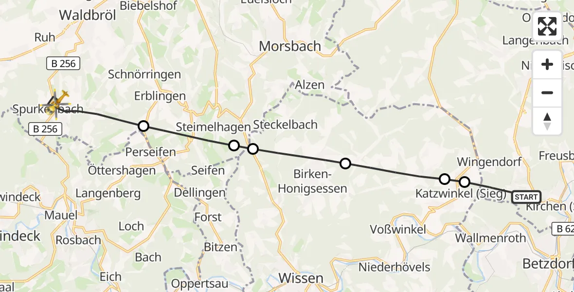 Flugroute Rettungshubschrauber Kirchen (Sieg) - Waldbröl, 17 Juli 2026, 17:39