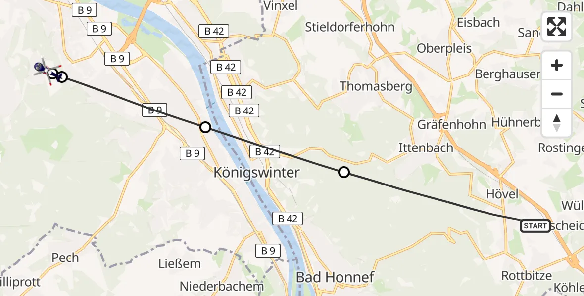 Flugroute Polizeihubschrauber Bad Honnef - Bonn University Hospital, 17 Juli 2026, 17:49
