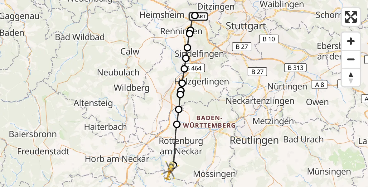 Flugroute Rettungshubschrauber Leonberg Hospital - Hirrlingen, 17 Juli 2026, 17:52