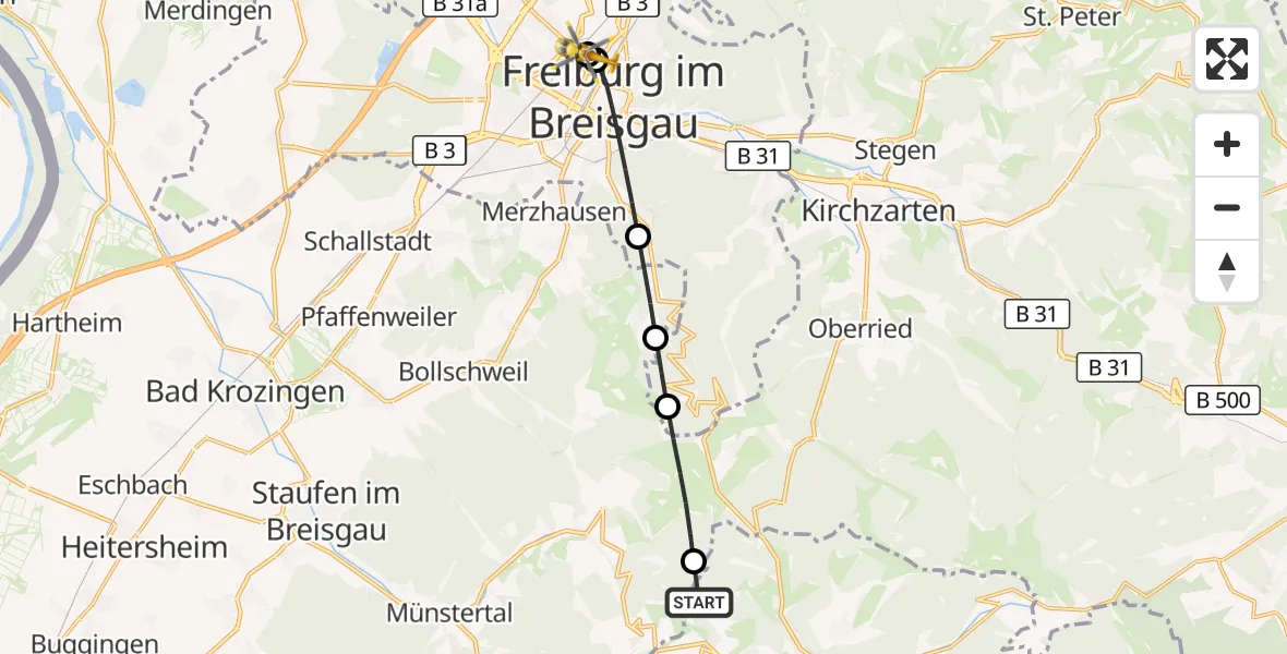 Flugroute Ambulanzhubschrauber Wieden - Freiburg University Hospital Heliport 1, 17 Juli 2026, 17:54