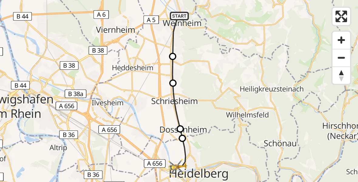 Flugroute Rettungshubschrauber Weinheim - Heidelberg, 17 Juli 2026, 17:55