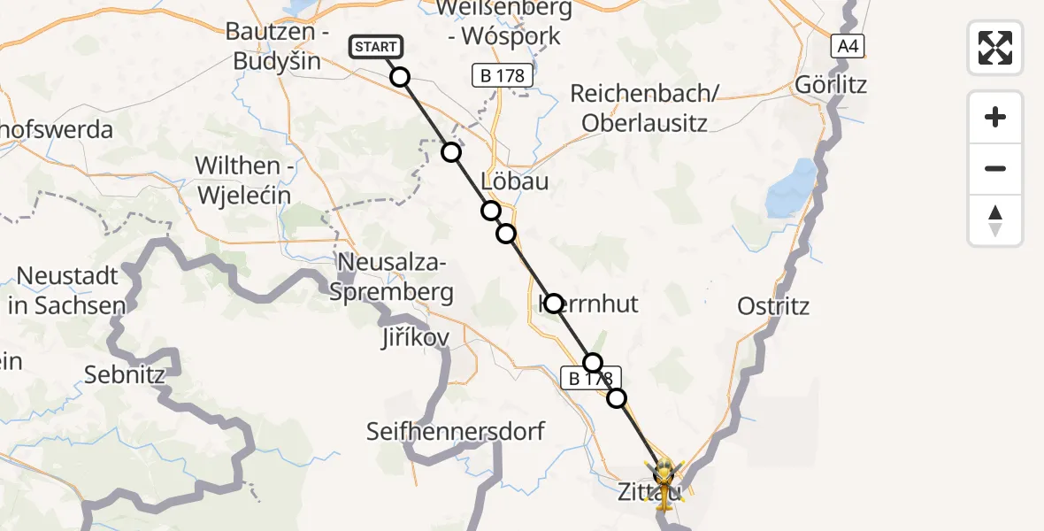 Flugroute Rettungshubschrauber Kubschütz - Zittau, 17 Juli 2026, 17:58