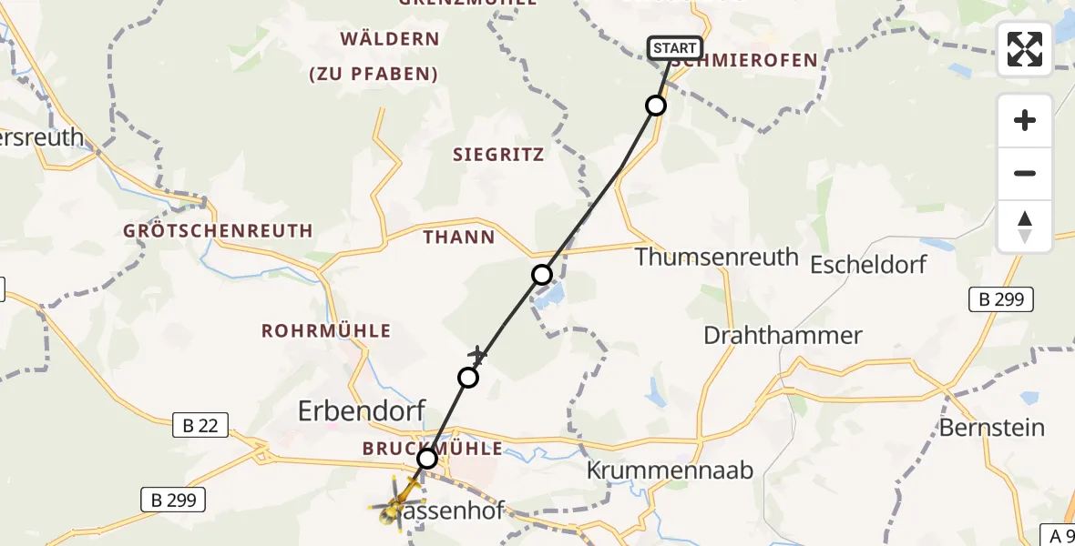 Flugroute Ambulanzhubschrauber Friedenfels - Erbendorf, 17 Juli 2026, 18:02