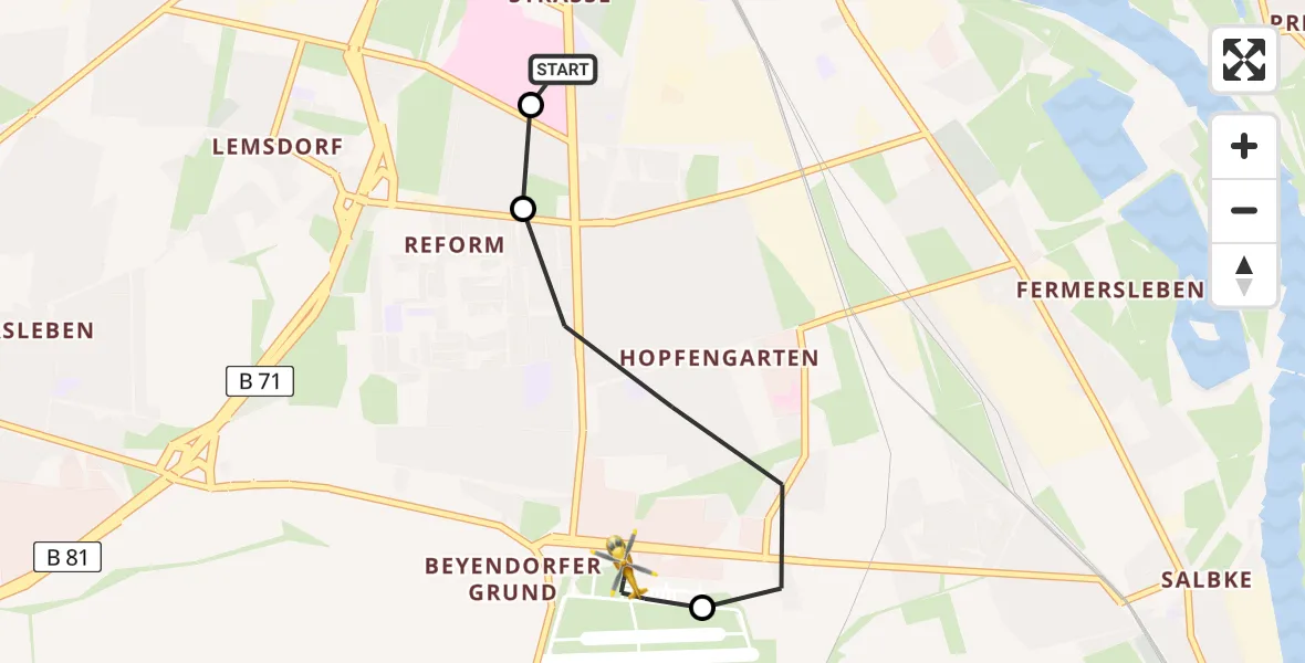 Flugroute Rettungshubschrauber Magdeburg University Hospital - Magdeburg City Flugplatz, 17 Juli 2026, 18:02