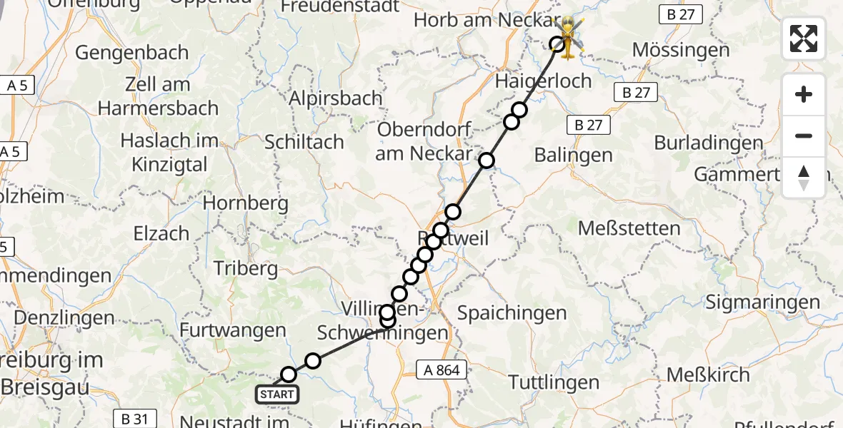Flugroute Ambulanzhubschrauber Eisenbach (Hochschwarzwald) - Starzach, 17 Juli 2026, 18:06