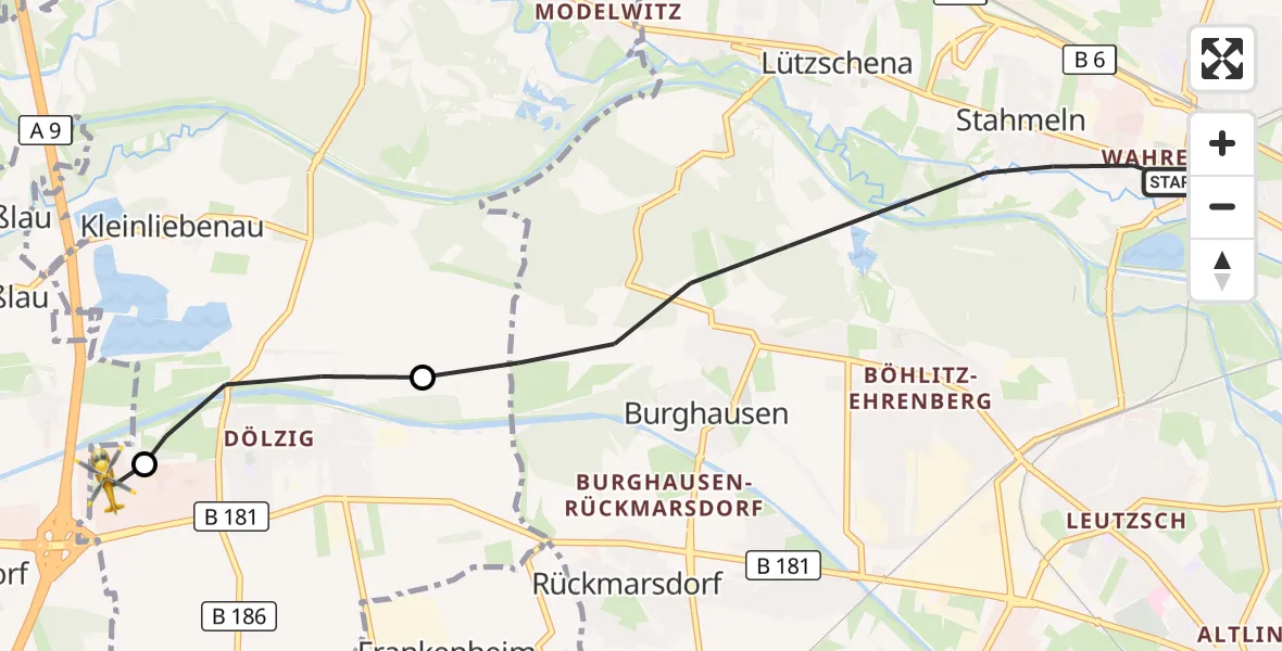 Flugroute Rettungshubschrauber Leipzig - ADAC Air Rescue Station Leipzig/Schkeuditz-Dölzig Hubschrauberlandeplatz (Christoph 61), 17 Juli 2026, 18:13