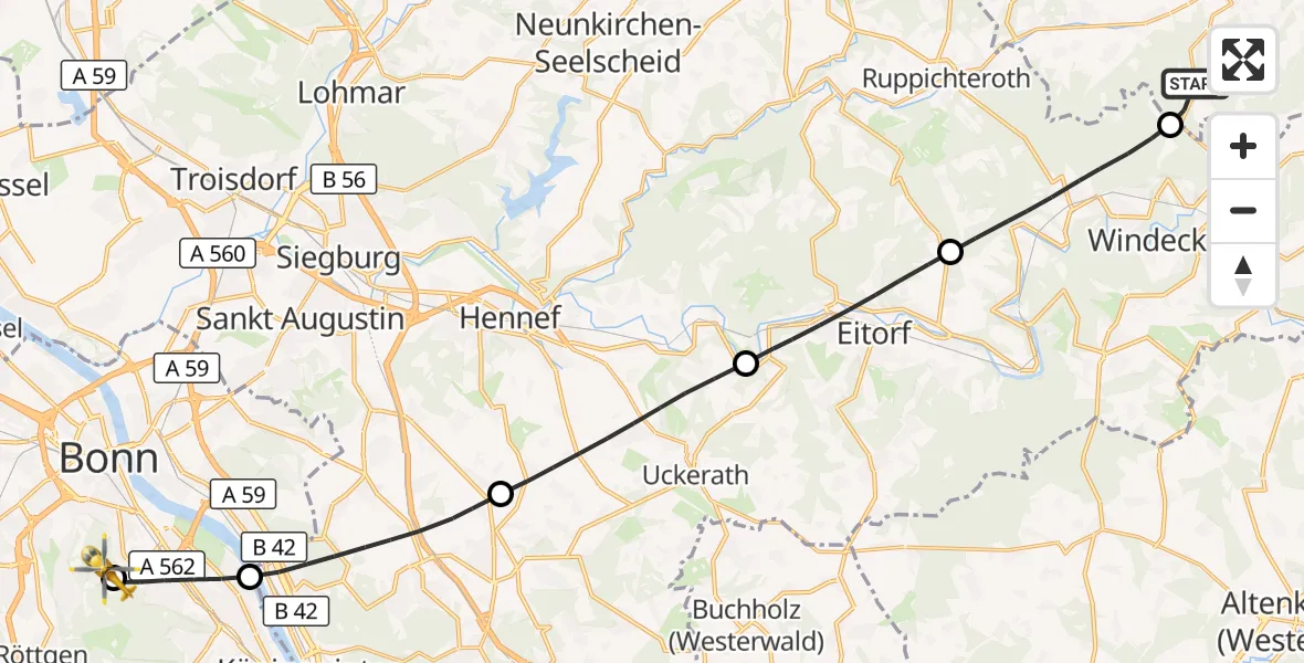 Flugroute Rettungshubschrauber Waldbröl - Bonn University Hospital, 17 Juli 2026, 18:16
