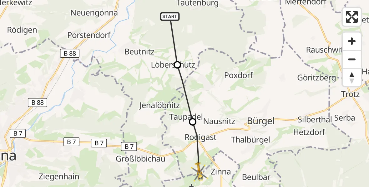 Flugroute Rettungshubschrauber Tautenburg - Bürgel, 17 Juli 2026, 18:22