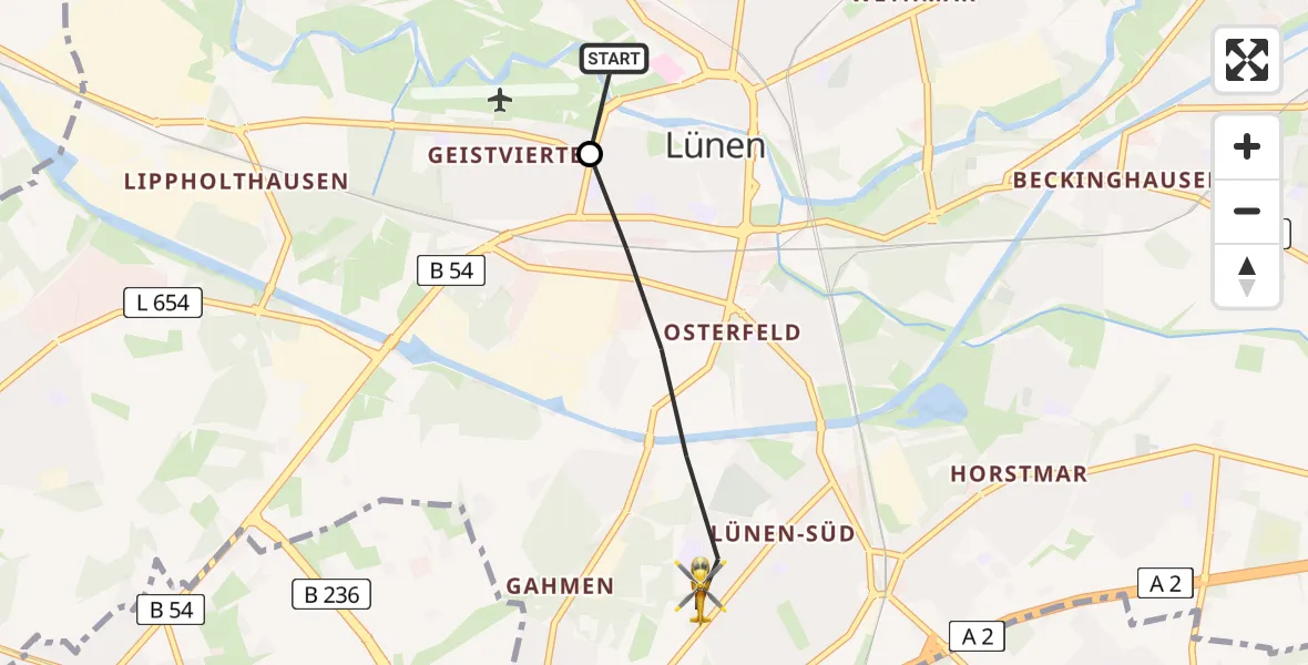 Flugroute Rettungshubschrauber Sankt Marien Hospital - Lünen, 17 Juli 2026, 18:24