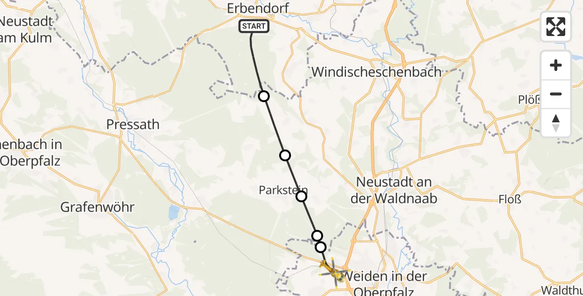 Flugroute Ambulanzhubschrauber Erbendorf - Weiden in der Oberpfalz Flugplatz, 17 Juli 2026, 18:24