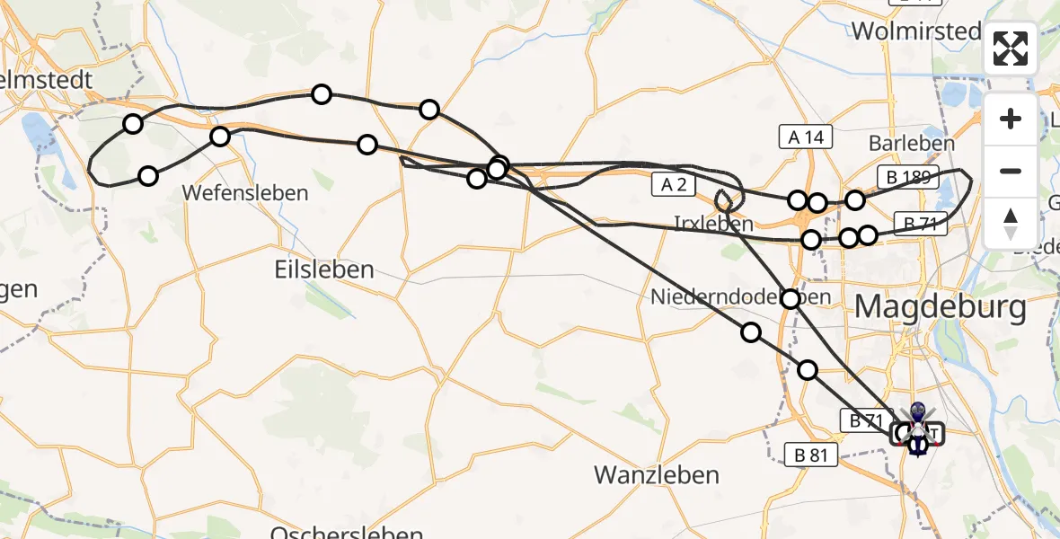 Flugroute Polizeihubschrauber Magdeburg City Flugplatz - Magdeburg, 17 Juli 2026, 18:30