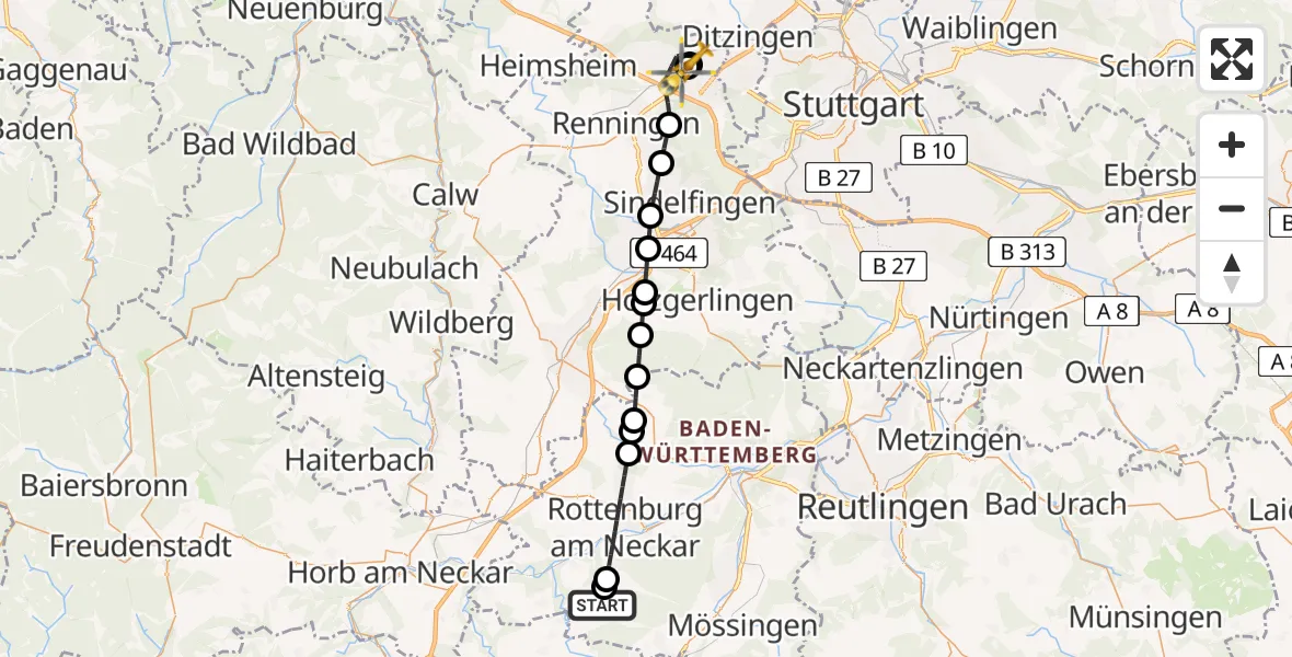 Flugroute Rettungshubschrauber Rottenburg am Neckar - Leonberg Hospital, 17 Juli 2026, 18:34