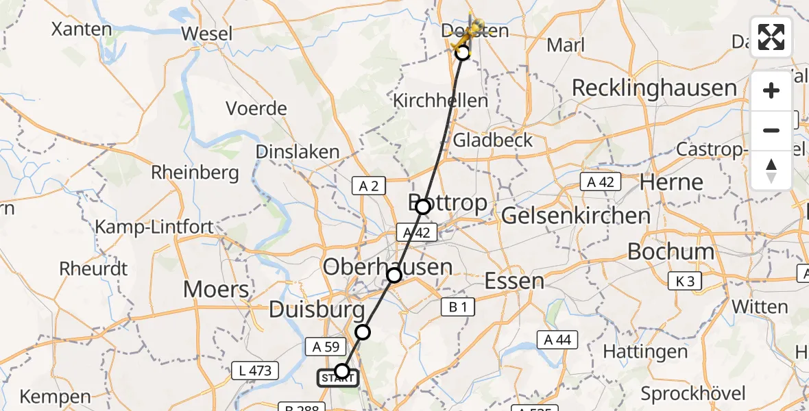 Flugroute Rettungshubschrauber Duisburg Air Rescue Hubschrauberlandeplatz (Christoph 9) - Dorsten, 17 Juli 2026, 18:41