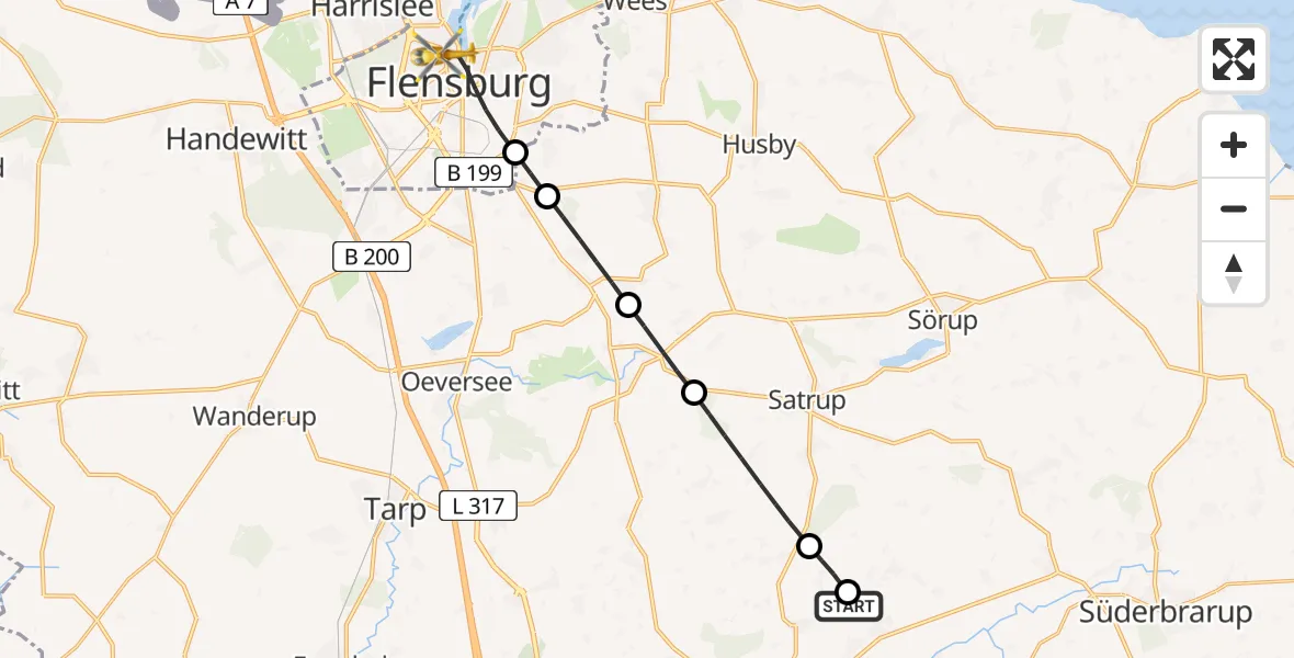 Flugroute Ambulanzhubschrauber Schnarup-Thumby - Flensburg, 17 Juli 2026, 18:41