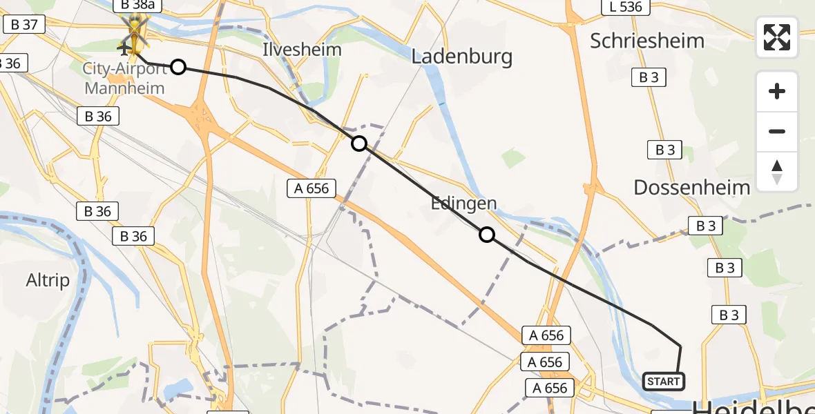 Flugroute Rettungshubschrauber Heidelberg - Mannheim-City Flughafen, 17 Juli 2026, 18:45