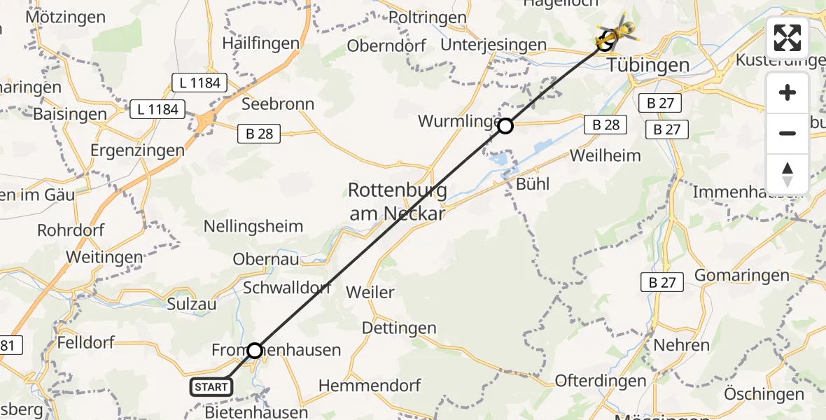 Flugroute Ambulanzhubschrauber Starzach - Tübingen University Hospital, 17 Juli 2026, 18:49