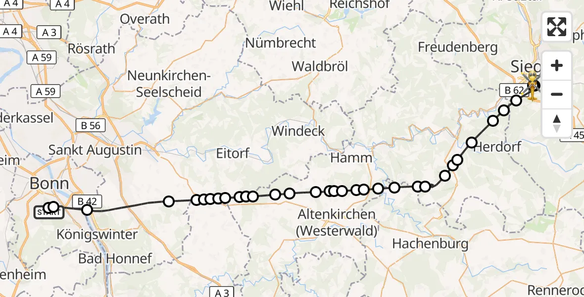Flugroute Rettungshubschrauber Bonn University Hospital - Evangelisches Jung-Stilling Hospital, 17 Juli 2026, 19:10