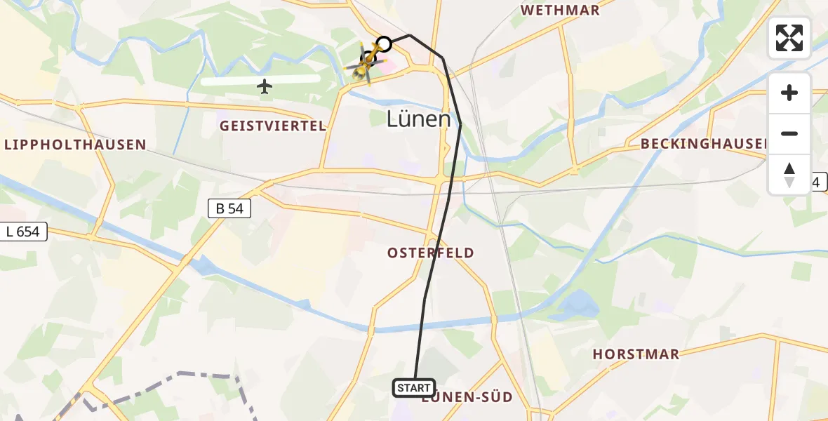 Flugroute Rettungshubschrauber Lünen - Sankt Marien Hospital, 17 Juli 2026, 19:15