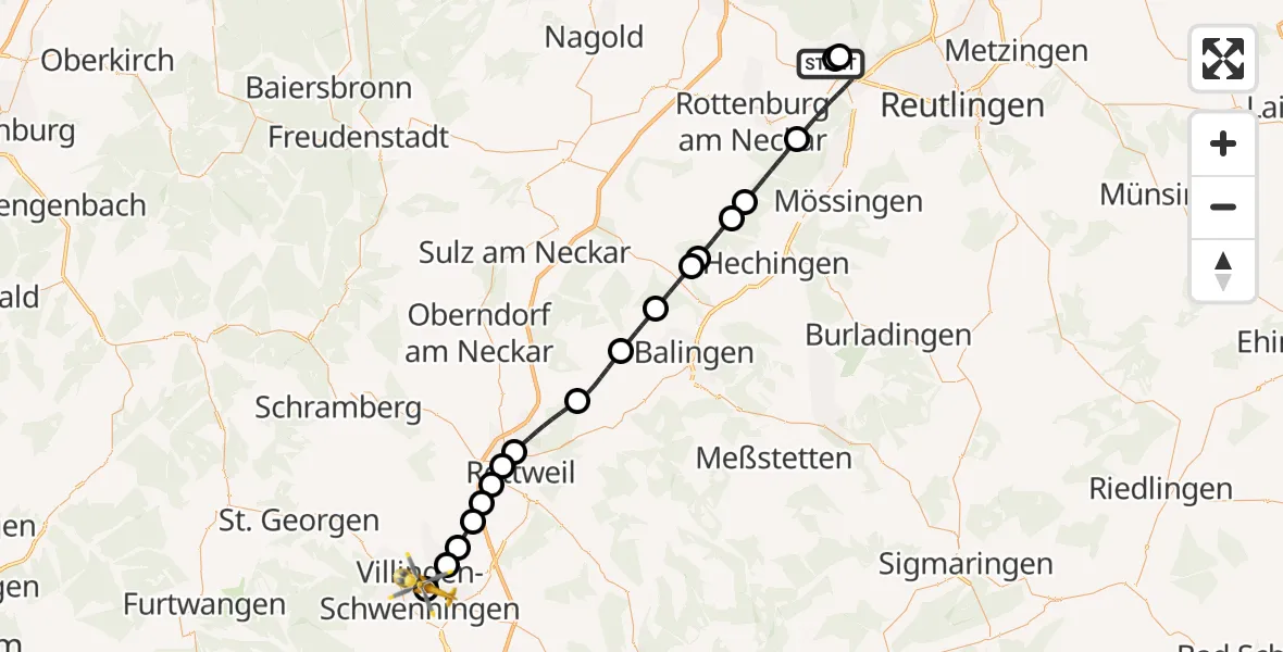 Flugroute Ambulanzhubschrauber Tübingen University Hospital - DRF Air Rescue Station Villingen-Schwenningen Hubschrauberlandeplatz (Christoph 11), 17 Juli 2026, 19:21