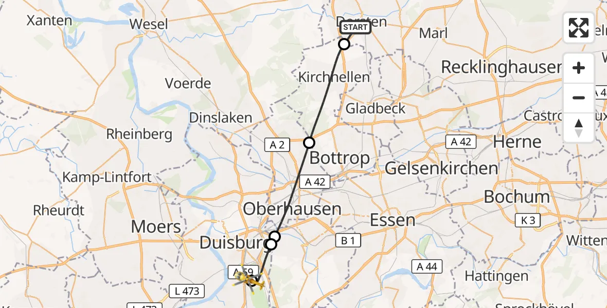 Flugroute Rettungshubschrauber Dorsten - Sana Clinic Duisburg Hubschrauberlandeplatz, 17 Juli 2026, 19:21