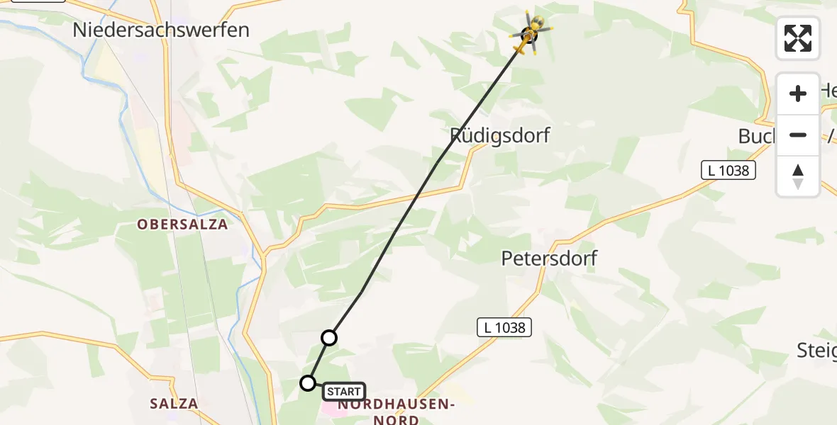 Flugroute Rettungshubschrauber Südharz Hospital Nordhausen - Harztor, 17 Juli 2026, 19:21