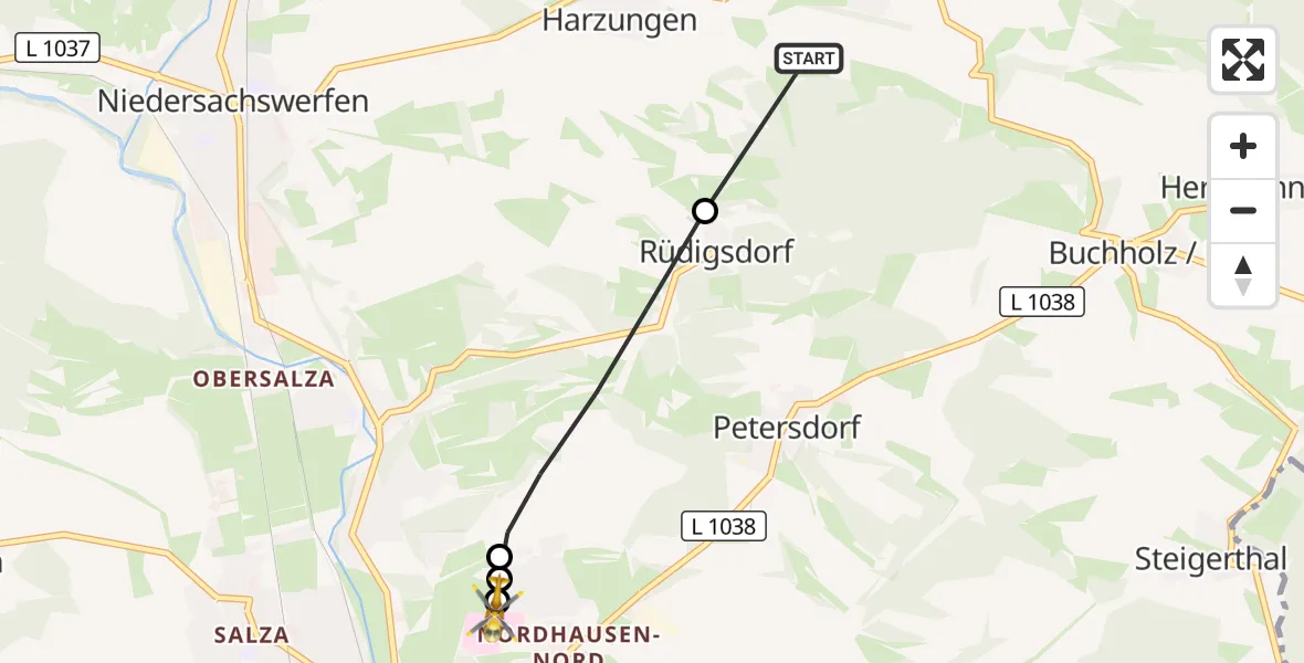 Flugroute Rettungshubschrauber Harztor - Südharz Hospital Nordhausen, 17 Juli 2026, 19:41