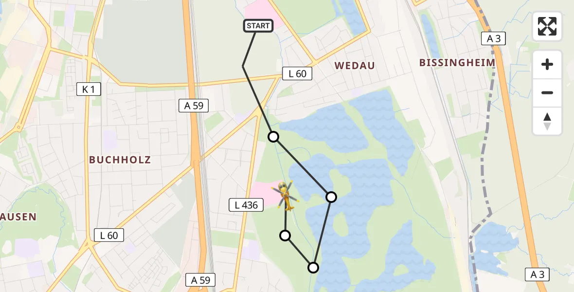Flugroute Rettungshubschrauber Sana Clinic Duisburg Hubschrauberlandeplatz - Duisburg Air Rescue Hubschrauberlandeplatz (Christoph 9), 17 Juli 2026, 19:43