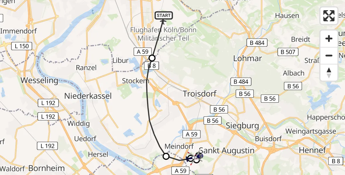 Flugroute Polizeihubschrauber Köln Bonn Flughafen - Sankt Augustin, 17 Juli 2026, 19:43