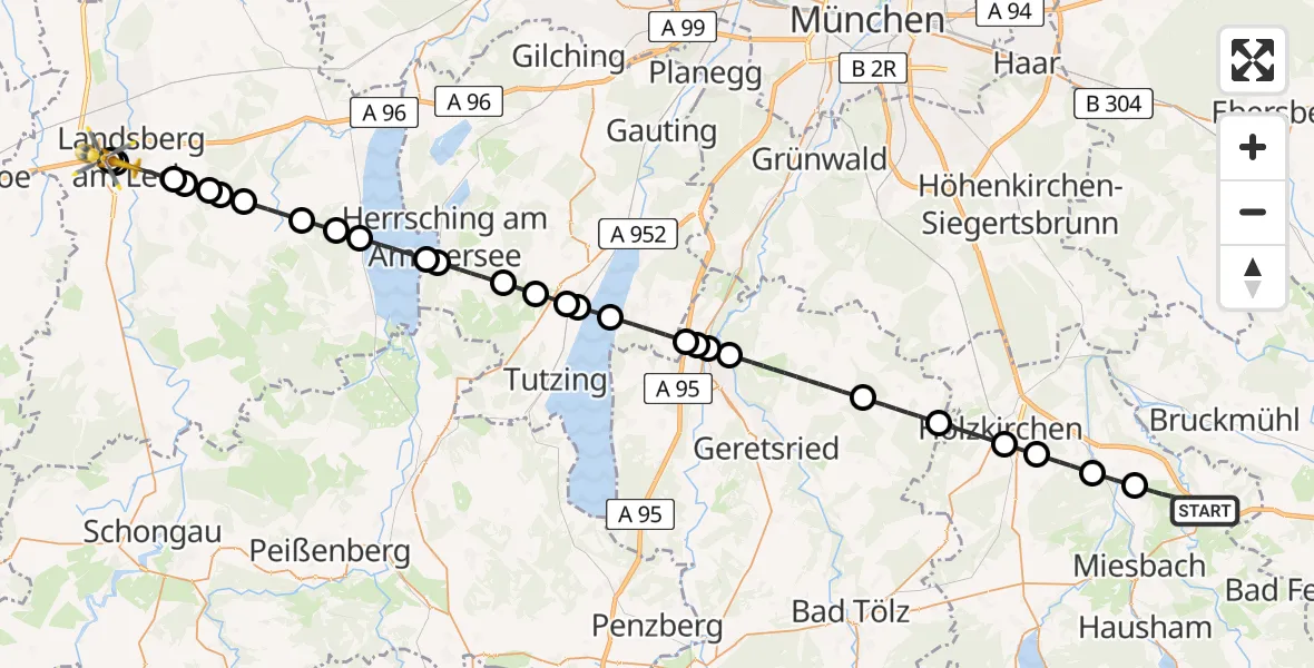 Flugroute Rettungshubschrauber Irschenberg - Landsberg am Lech Hospital, 17 Juli 2026, 19:48