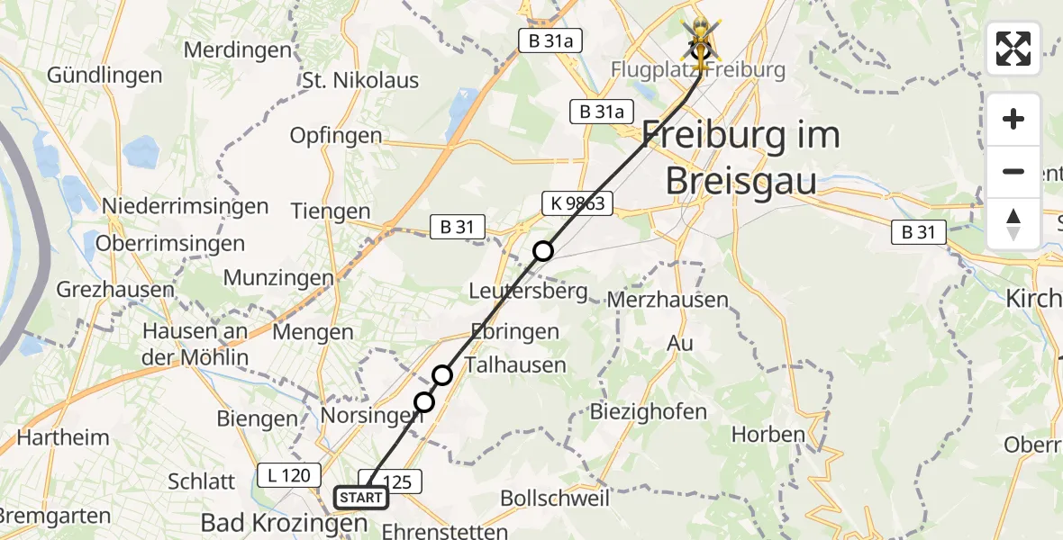 Flugroute Ambulanzhubschrauber Ehrenkirchen - Freiburg im Breisgau Flugplatz, 17 Juli 2026, 19:49