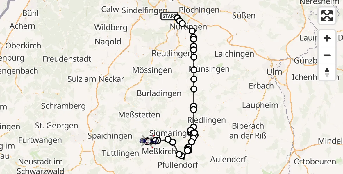 Flugroute Polizeihubschrauber Flughafen Stuttgart - Leibertingen Flugplatz, 17 Juli 2026, 19:56