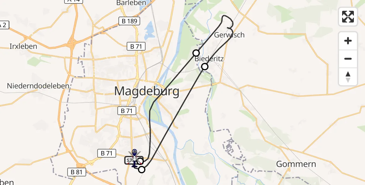 Flugroute Polizeihubschrauber Magdeburg City Flugplatz - Magdeburg, 17 Juli 2026, 20:10