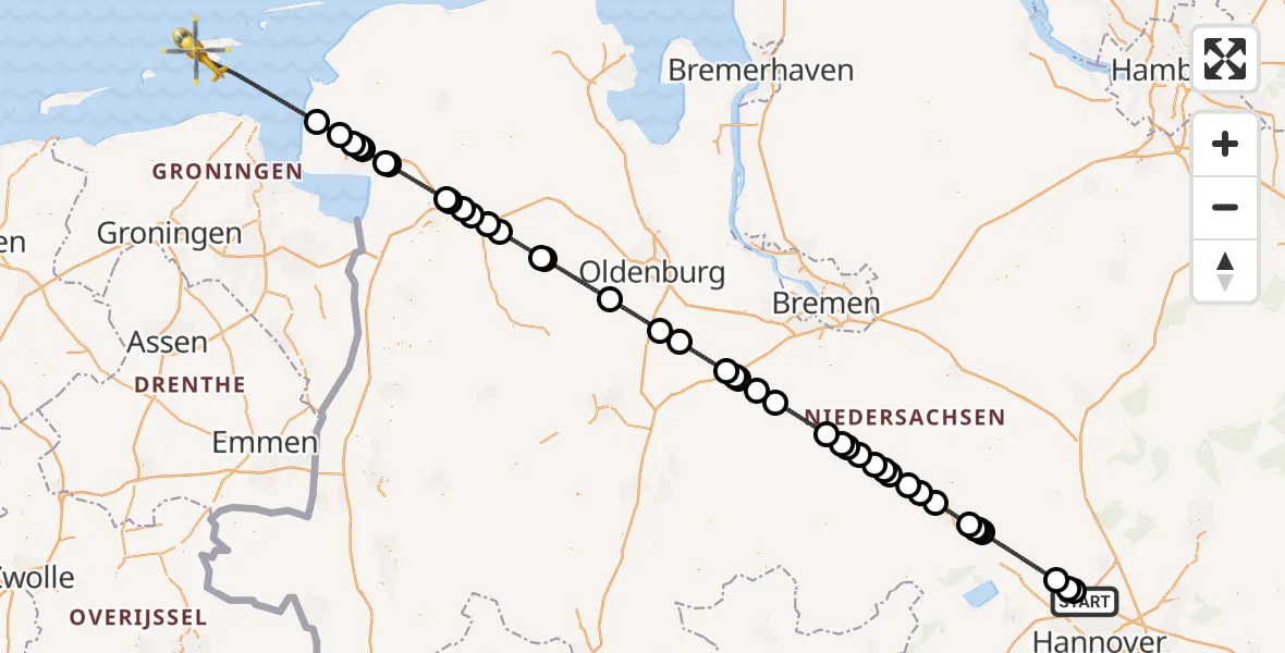 Flugroute Rettungshubschrauber Flughafen Hannover - Noordzee, 17 Juli 2026, 20:21