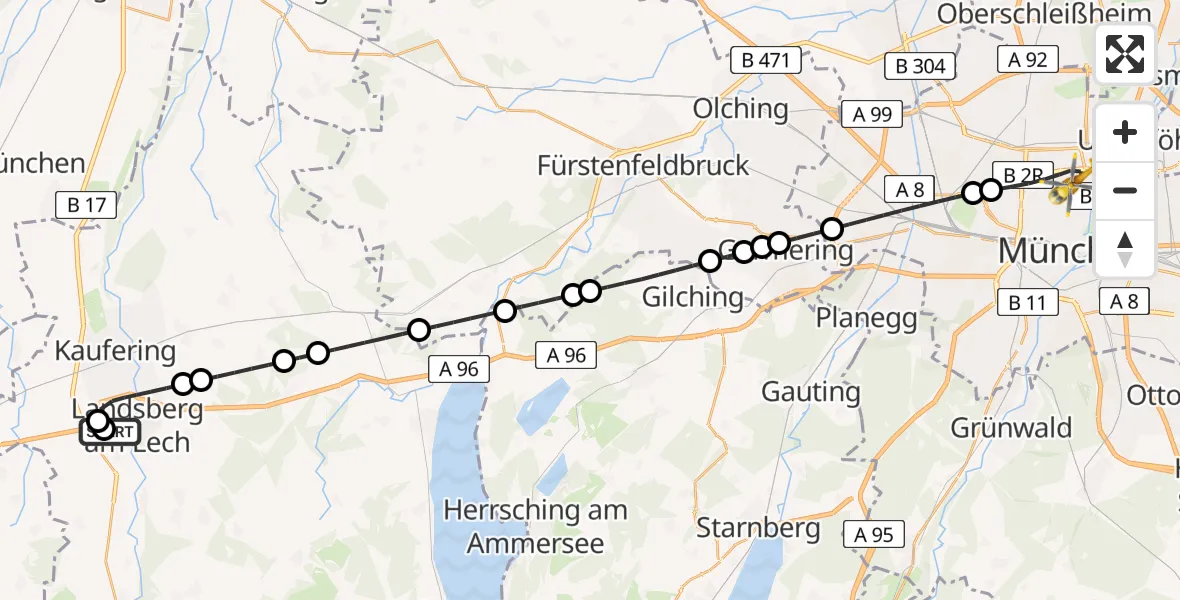 Flugroute Rettungshubschrauber Landsberg am Lech Hospital - München, 17 Juli 2026, 20:48