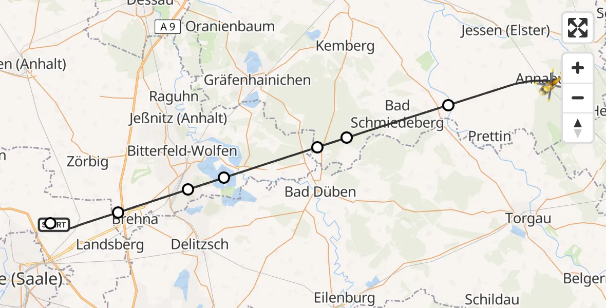 Flugroute Rettungshubschrauber Halle-Oppin Flugplatz - Annaburg, 17 Juli 2026, 20:49
