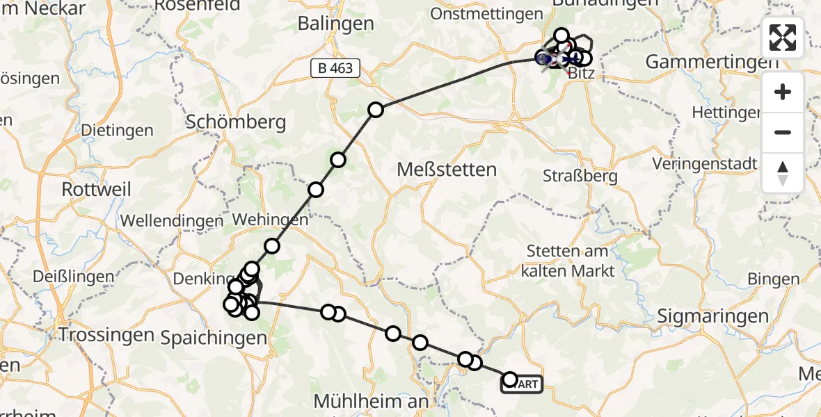 Flugroute Polizeihubschrauber Leibertingen Flugplatz - Albstadt-Degerfeld Flugplatz, 17 Juli 2026, 21:00